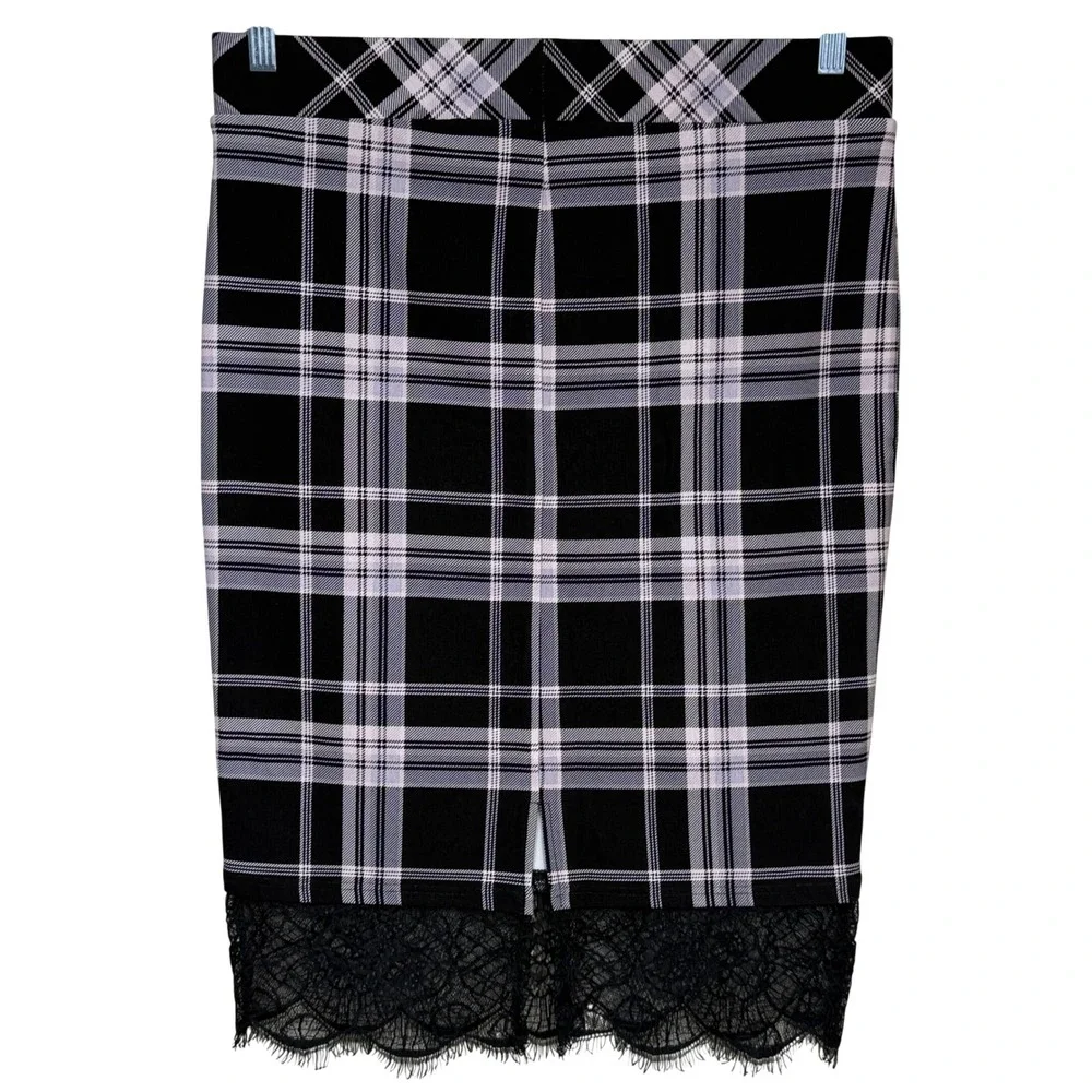 Torrid Ponte Knit Plaid Pencil Midi Skirt Lace Trim‎ Black Pink Womens 10